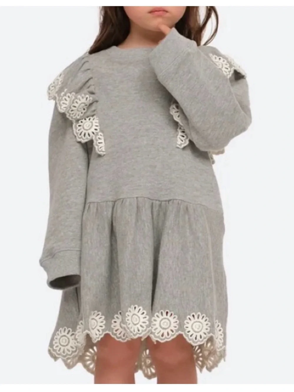 SEA Blaine Openwork Embroidery Adorned Long Sleeve Combo Dress, Grey NWT 10Y